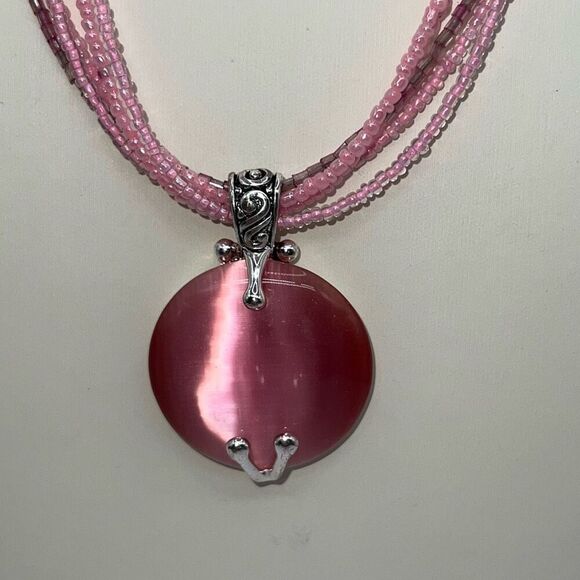 Signed Premier Design Pink Glass Bead Necklace Pink Cat’s Eye Pendant   Vintage - Picture 3 of 7